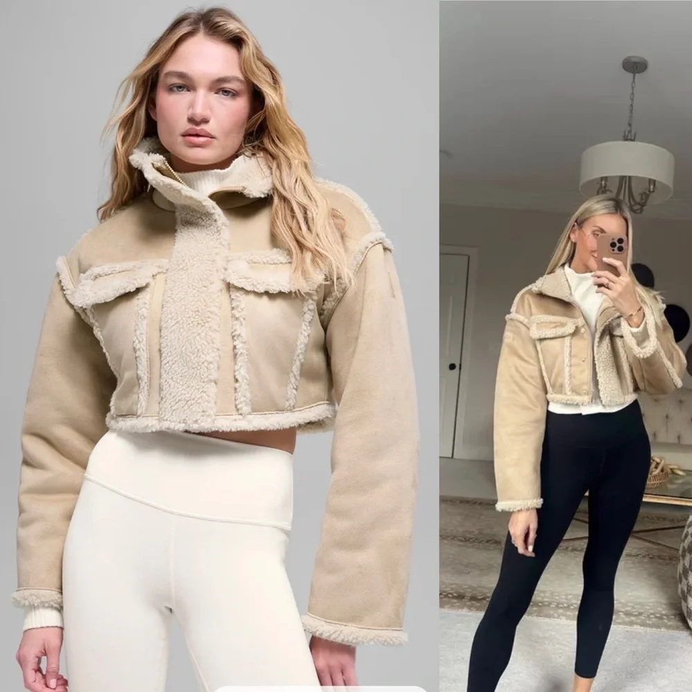 NWT Alo Yoga Faux Shearling Cropped Snowfall Jacket Woodland Tan Size XS